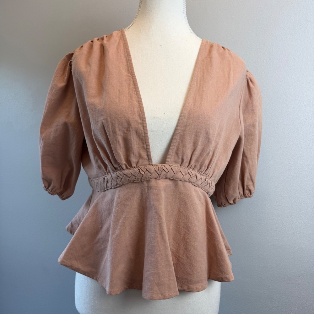 Lena Large Cotton Linen Plunging V-Neck Peplum Top Braided Waist NEW Pink